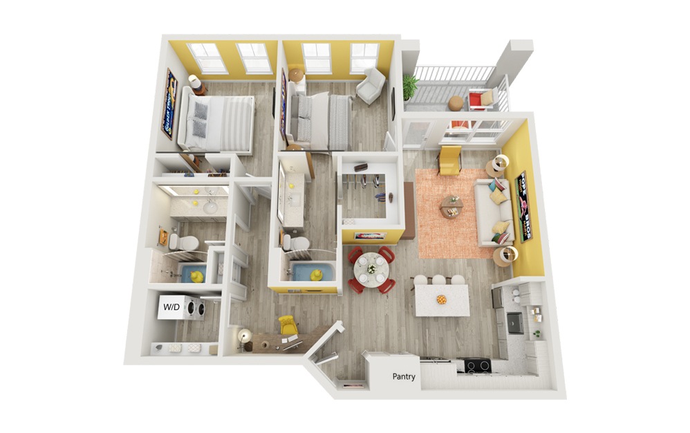 B2 | The Pomelo - 2 bedroom floorplan layout with 2 bathrooms and 1048 square feet